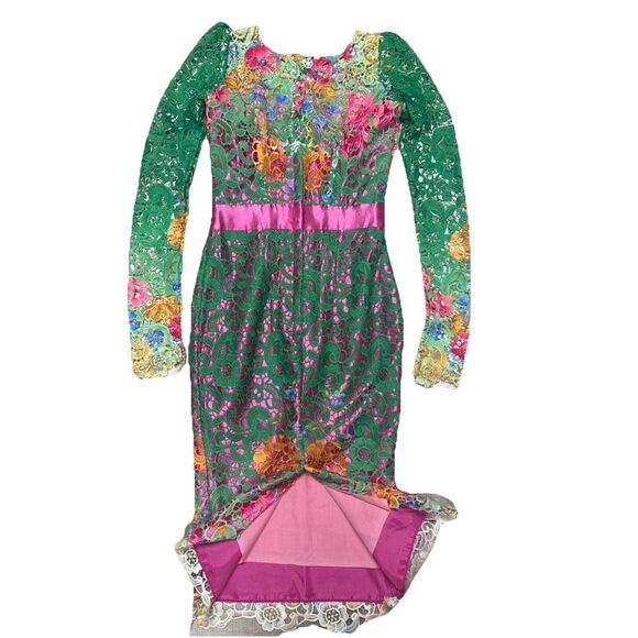 Handmade macramé floral bright green satin lace midi dress S whimsical fairy - Picture 3 of 13